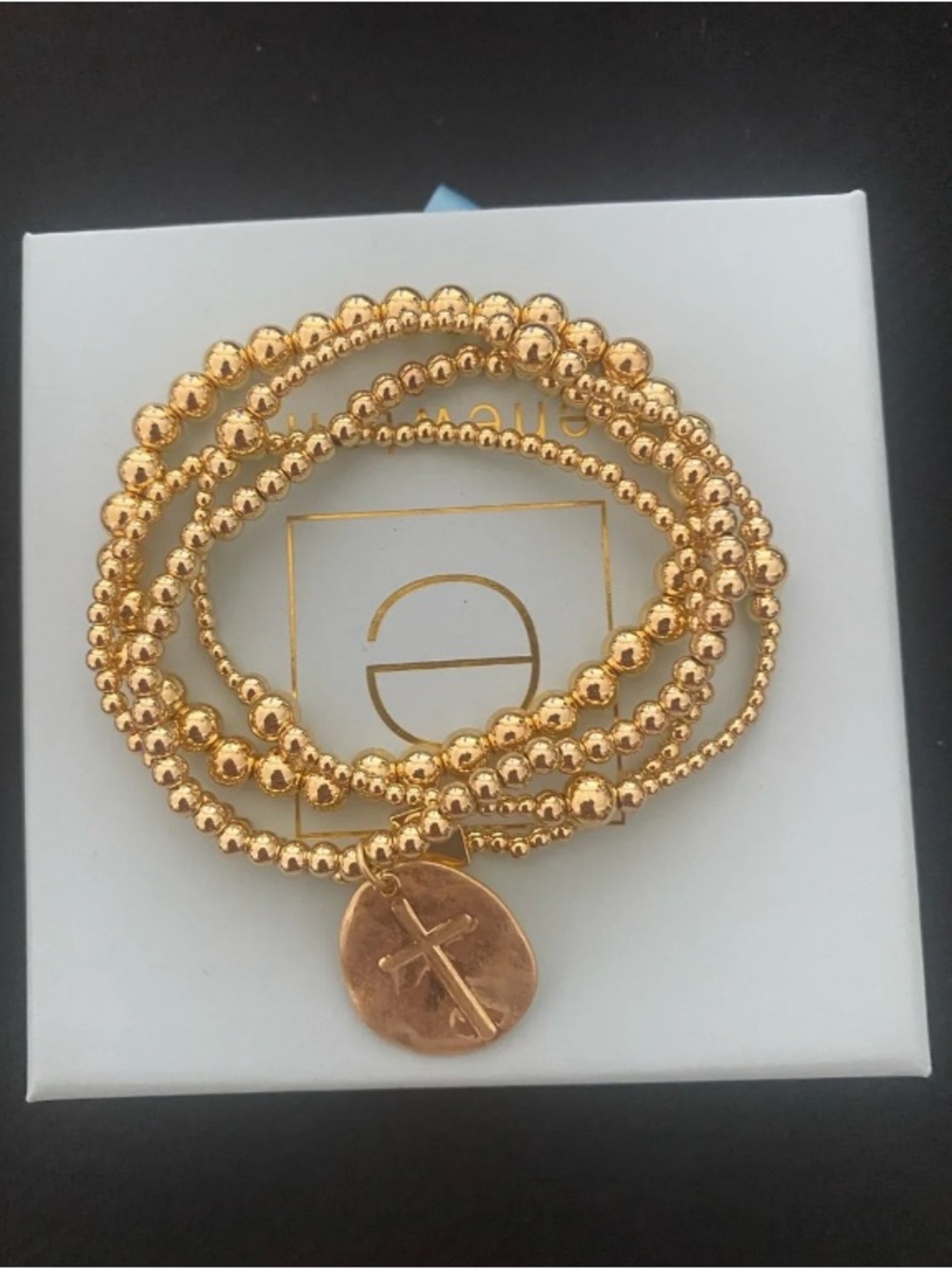 Gold Beaded Cross Pendant Stretch Bracelet Set — Women